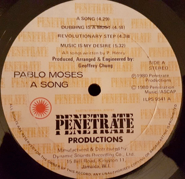 Image of Label Cover of LP - VG+/VG+ - PABLO MOSES, A Song (Penetrate; ILPS-9541, Jamaica 1980), Brush marks, sounds solid VG+, great JA press. Clean labels. SWOL on corner of sleeve, lovely Dynamic Sounds sticker on back.,  - 3616353C