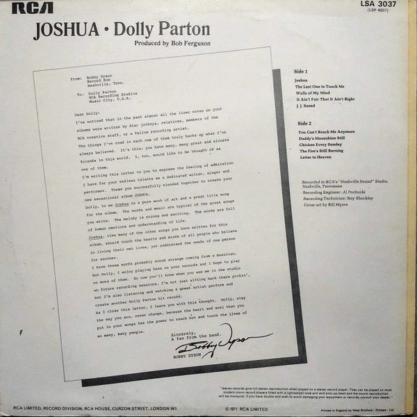 Image of Back Cover of LP - VG/VG - DOLLY PARTON, Joshua (RCA Victor Orange Labels; LSA 3037, UK 1971, Laminated Front Sleeve), Light superficial marks, Some laminate bubbling to sleeve,  - 3616291C