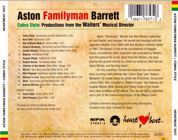 Image of Back Cover of CD - VG+/VG+ - ASTON FAMILYMAN BARRETT, Cobra Style: Productions From The Wailers' Musical Director (Heartbeat Records; 7657, Europe 1999, Jewel Case), ,  - 3616365C