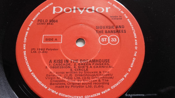 Image of Label Cover of LP - VG/VG - SIOUXSIE AND THE BANSHEES, A Kiss In The Dreamhouse (Polydor; POLD 5064, Ireland 1982), ,  - 3626390E