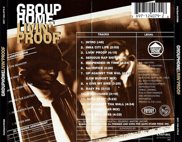 Image of Back Cover of CD - VG+/VG+ - GROUP HOME, Livin' Proof (Payday; 697-124-079-2, US 1995, Jewel Case), ,  - 3616368C