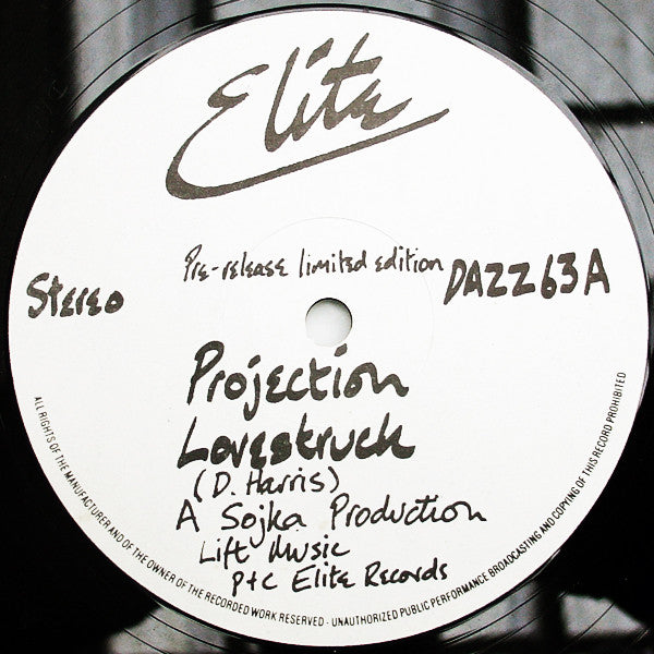 Image of Front Cover of 12" - VG/VG - PROJECTION, Lovestruck (Elite ; DAZZ 63, UK 1986, Die Cut Company Sleeve), , A	LovestruckB1	Lovestruck (Wireless Mix)B2	Lovestruck (Dumbstruck Mix) - 3626431E