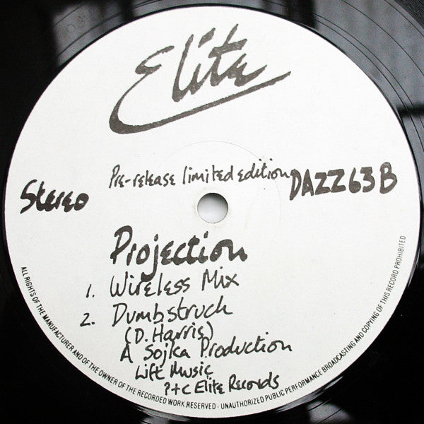 Image of Back Cover of 12" - VG/VG - PROJECTION, Lovestruck (Elite ; DAZZ 63, UK 1986, Die Cut Company Sleeve), , A	LovestruckB1	Lovestruck (Wireless Mix)B2	Lovestruck (Dumbstruck Mix) - 3626431E
