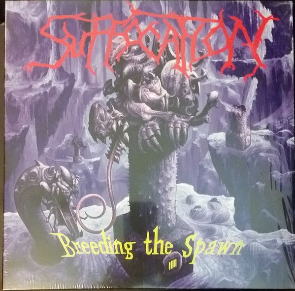 Image of Front Cover of LP - EX/VG+ - SUFFOCATION, Breeding The Spawn (Listenable Records; POSH333, France 2016 Reissue, Insert & Black Inner, Blue Transparent Vinyl), Still in hype stickered shrinkwrap.,  - 3626444E
