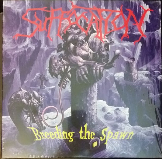 Image of Front Cover of LP - EX/VG+ - SUFFOCATION, Breeding The Spawn (Listenable Records; POSH333, France 2016 Reissue, Insert & Black Inner, Blue Transparent Vinyl), Still in hype stickered shrinkwrap.,  - 3626444E