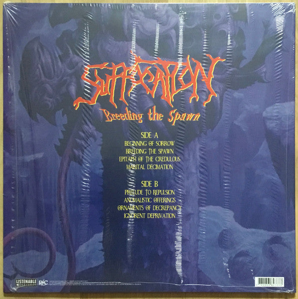 Image of Back Cover of LP - EX/VG+ - SUFFOCATION, Breeding The Spawn (Listenable Records; POSH333, France 2016 Reissue, Insert & Black Inner, Blue Transparent Vinyl), Still in hype stickered shrinkwrap.,  - 3626444E