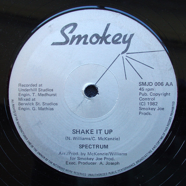 Image of Back Cover of 12" - G+/VG - SPECTRUM, Having A Good Time / Shake It Up (Smokey; SMJD 006, UK 1982, Company Sleeve), Very few light marks and scuffs and one more notable mark (start of side two). Sleeve worn and creased (particularly at bottom right corner), with pinched spine and light damage,  - 3616370C