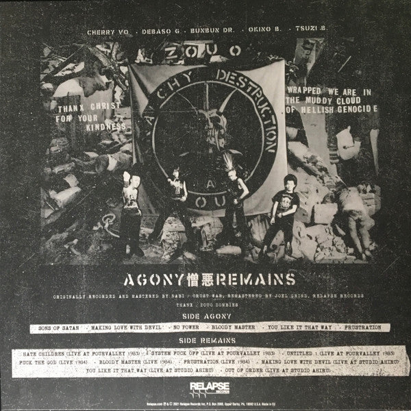 Image of Back Cover of LP - VG+/VG+ - ZOUO, Agony Remains (Relapse Records; RR7441, US 2021, Textured Sleeve, Insert & Black Inner, Grey Vinyl), Light storage marks. In hype stickered plastic outer.,  - 3626443E
