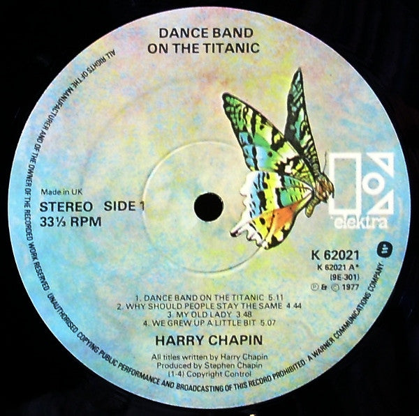 Image of Label Cover of 2xLP - VG+/VG - HARRY CHAPIN, Dance Band On The Titanic (Elektra Butterfly Labels; K 62021, UK 1977, Gatefold, Insert), Strong VG,  - 3616300C