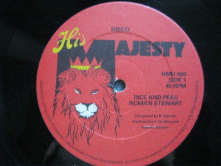 Image of Front Cover of 12" - VG/G+ - ROMAN STEWART, Rice And Peas (His Majesty; HMD 009, UK 1979, Company Sleeve), Light marks mainly   plays above grade. Sleeve worn, discoloured, with staining. Also sticker ghost on reverse and small rip from centre,  - 3616371C