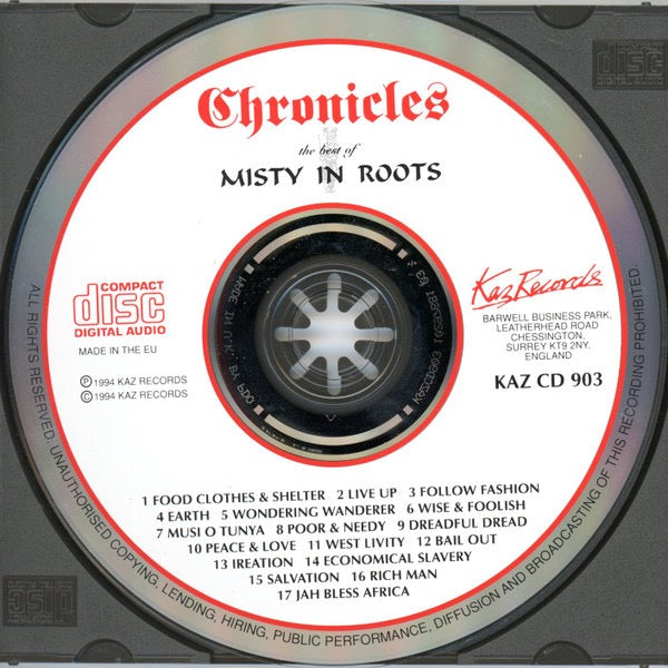 Image of Label Cover of CD - VG+/VG - MISTY IN ROOTS, Chronicles - The Best Of Misty In Roots (Kaz Records; KAZ CD 903, UK 1994, Jewel Case), Light Scratches (CD),  - 3616383C