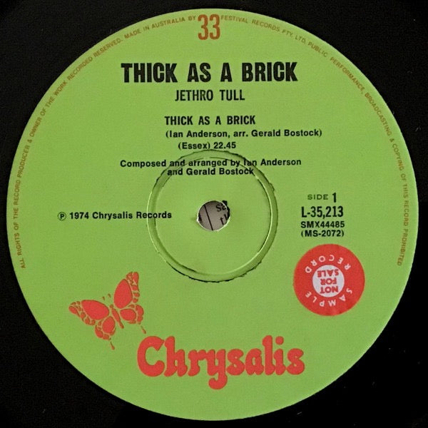 Image of Label Cover of LP - VG/G+ - JETHRO TULL, Thick As A Brick (Chrysalis Green Labels; L 35213, Australia 1979 Reissue, Newspaper Fold Out Sleeve), Light scuffy surface marks,  - 3616302C