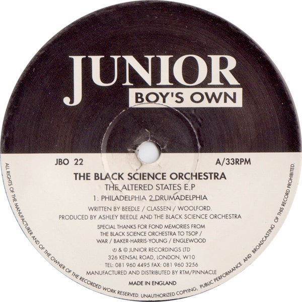 Image of Front Cover of 4624177E: 12" - BLACK SCIENCE ORCHESTRA, Altered States E.P (Junior Boys Own; JBO 22, UK 1994, Company Sleeve) sleeve has ring wear and small tear around center hole.  G+/G+