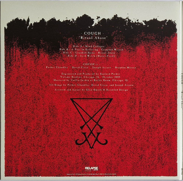 Image of Back Cover of 2xLP - VG+/VG+ - COUGH, Ritual Abuse (Relapse Records; RR7116, USA & Europe 2024 Reissue, Gatefold, Black Inners, Splatter Vinyl), Paper scuffs, storage marks. In hype stickered plastic outer.,  - 3626436E