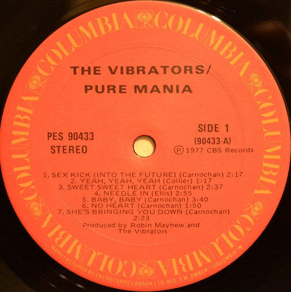 Image of Label Cover of LP - VG/VG - THE VIBRATORS, Pure Mania (Columbia; PES 90433, Canada 1977, Textured Sleeve), Strong VG. Light marks only. Rim text on labels covered by red stickers. Punch hole to top left corner, edge wear, small tear to opening edge, light staining on back of sleeve.,  - 3626435E