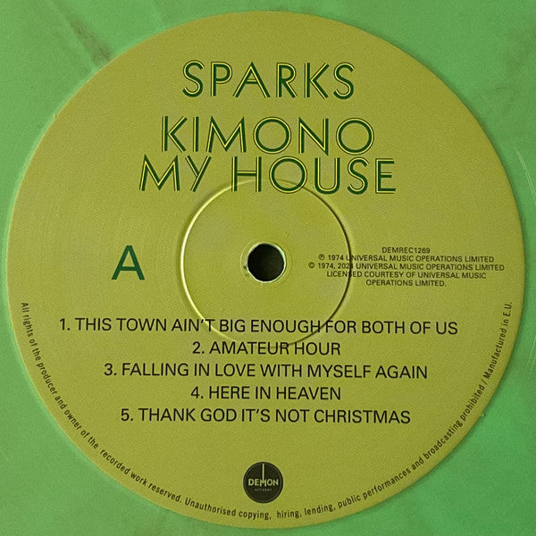 Image of Label Cover of LP - VG+/EX - SPARKS, Kimono My House (Demon Records; DEMREC1269, Worldwide 2024 Reissue, Inner, Green Vinyl), Seal opened instore, still in hype stickered shrinkwrap, corner bump.,  - 3626434E