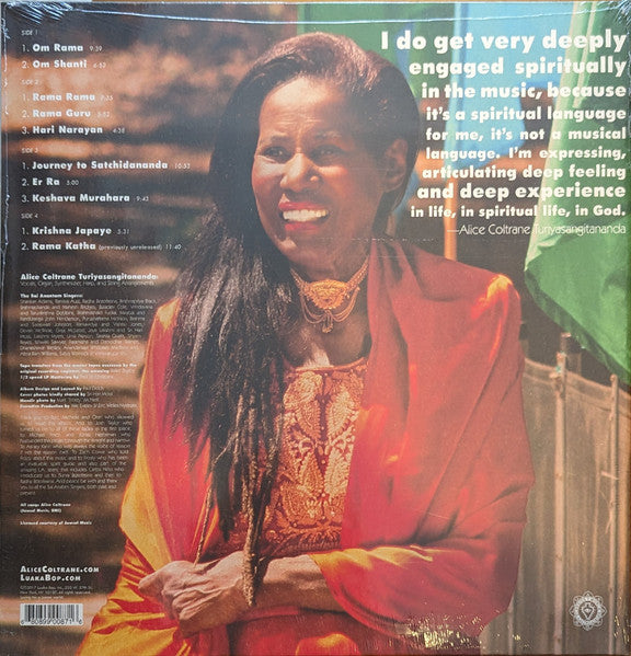 Image of Back Cover of 2xLP - EX/EX - ALICE COLTRANE TURIYASANGITANANDA, World Spirituality Classics 1: The Ecstatic Music Of Alice Coltrane Turiyasangitananda (Luaka Bop; 6 80899 0087-1-6, Europe 2023 Reissue, Gatefold, Insert), ,  - 3646383S