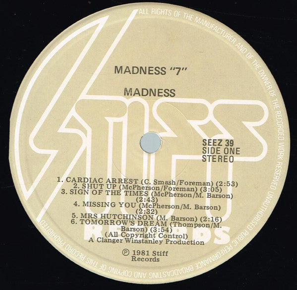 Image of Label Cover of LP - VG/VG - MADNESS, 7 (Stiff Records; SEEZ 39, New Zealand 1981, Insert), ,  - 3626465E