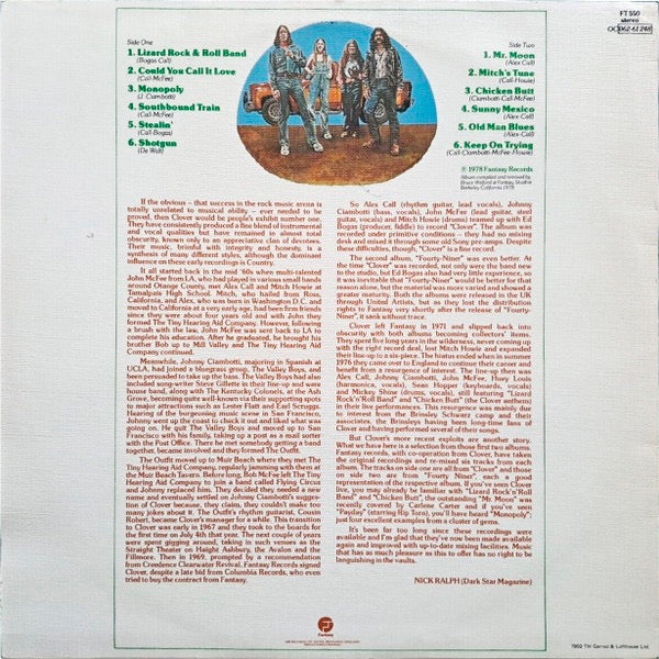 Image of Back Cover of LP - VG/VG - CLOVER, The Clover Chronicle - The Best Of The Fantasy Years (Fantasy; FT550, UK 1979, Textured Sleeve), ,  - 3616421C