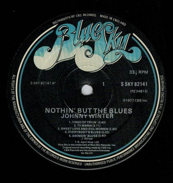Image of Label Cover of LP - VG/VG+ - JOHNNY WINTER, Nothin' But The Blues (Blue Sky; SKY 82141, UK 1977), Gold promo stamp on rear,  - 3616423C