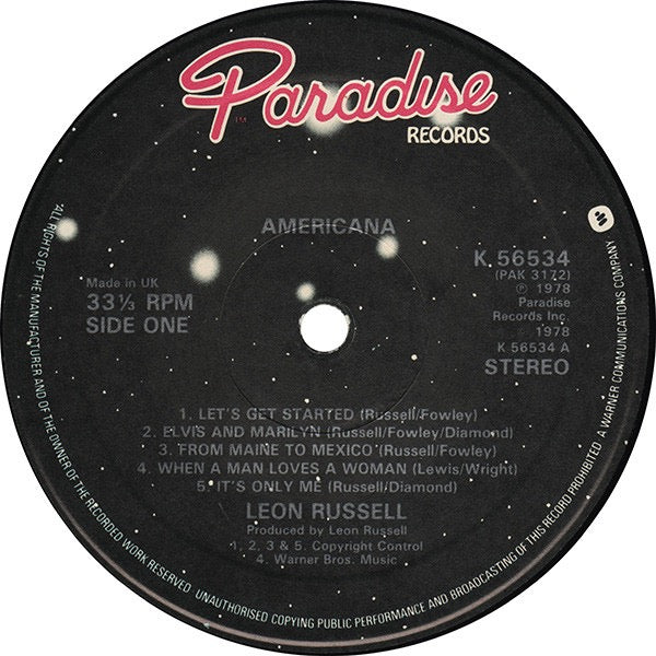 Image of Label Cover of LP - VG/VG+ - LEON RUSSELL, Americana (Paradise Records; K 56534, UK 1978), ,  - 3616424C