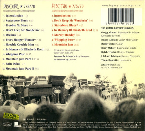 Image of Back Cover of 2xCD - VG+/EX - THE ALLMAN BROTHERS BAND, Live At The Atlanta International Pop Festival July 3 & 5, 1970 (Epic; EPC 510100 2, Europe 2003, Double Digipak, Booklet), ,  - 3636119E