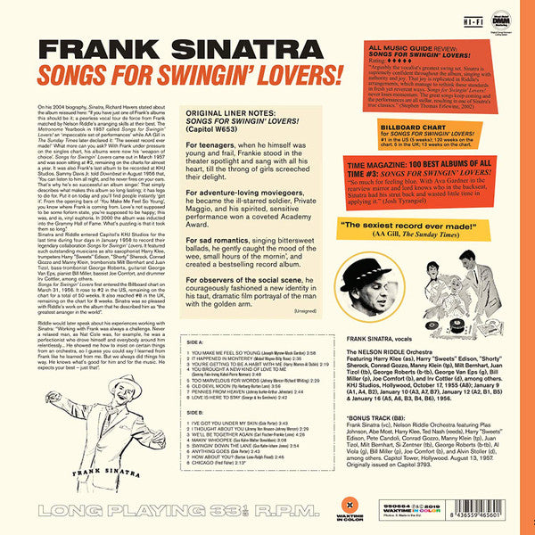 Image of Back Cover of LP - VG+/VG+ - FRANK SINATRA, Songs For Swingin' Lovers (WaxTime In Color; 950664, Europe 2019 Reissue, 180 Gram Orange Vinyl), ,  - 3646334S