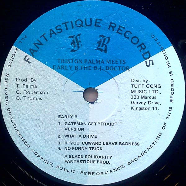 Image of Label Cover of LP - G+/G - TRISTON PALMA MEETS EARLY B THE DOCTOR, Triston Palma Meets Early B The Doctor (Fantastique Records; none, Jamaica 1985), Lots on marks on either side of disc. Sleeve has some slight ring and edge wear. WOS,  - 3646429S