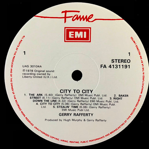 Image of Label Cover of LP - VG+/VG - GERRY RAFFERTY, City To City (Fame; FA 41 3119 1, UK 1989 Reissue, Baker Street), ,  - 3616397C