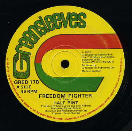 Image of Front Cover of 12" - /G+ - HALF PINT, Freedom Fighter / Hold On (Greensleeves Records; GRED 178, UK 1985), Light marks on either side of disc,  - 3646430S