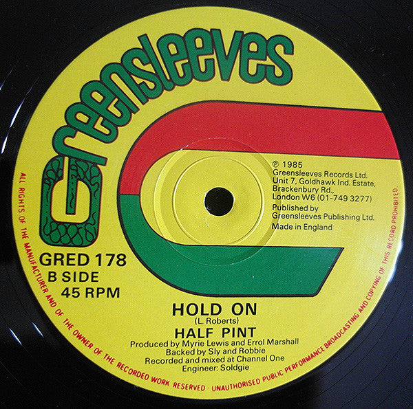 Image of Back Cover of 12" - /G+ - HALF PINT, Freedom Fighter / Hold On (Greensleeves Records; GRED 178, UK 1985), Light marks on either side of disc,  - 3646430S