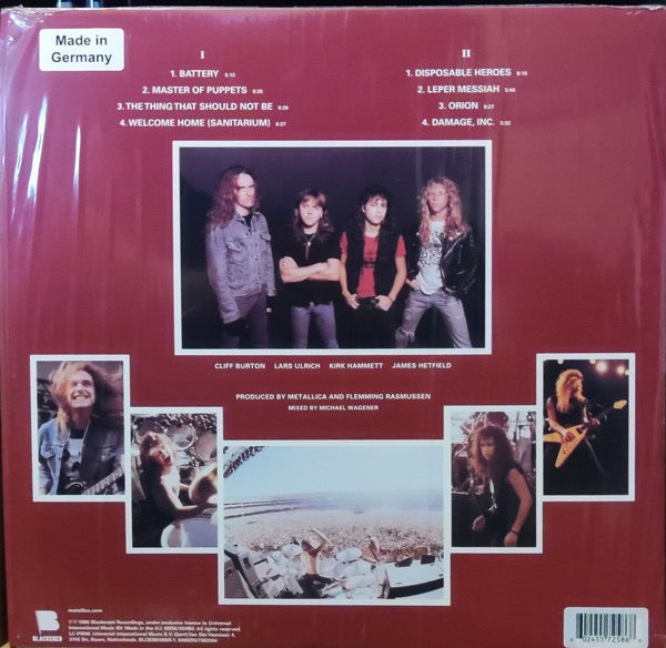 Image of Back Cover of LP - VG+/VG+ - METALLICA, Master Of Puppets (Blackened; BLCKND005R-1, Europe 2024 Reissue, Insert, Red "Brick" vinyl), With hype stickered plastic outer,  - 3626474E
