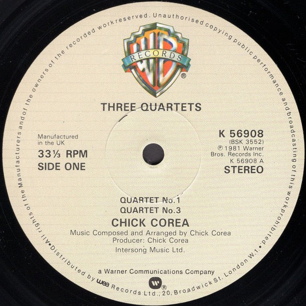 Image of Label Cover of LP - VG/VG - CHICK COREA, Three Quartets (Warner Bros. Records; K 56908, UK 1981), ,  - 3616444C