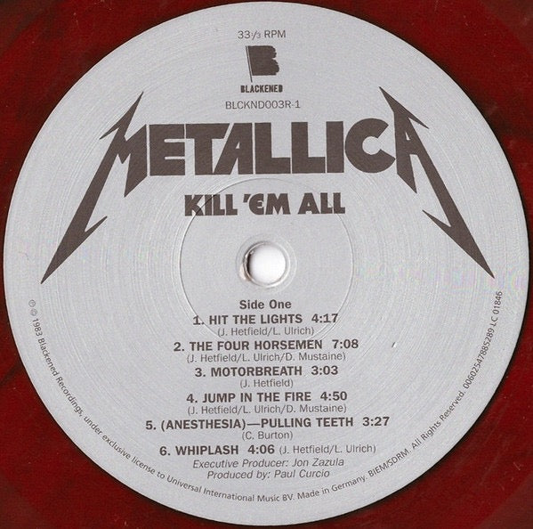 Image of Label Cover of LP - VG+/VG+ - METALLICA, Kill 'Em All (Blackened; BLCKND003R-1U, Europe 2023 Reissue, Inner, Red/Black marbled vinyl), With hype stickered plastic outer,  - 3626475E