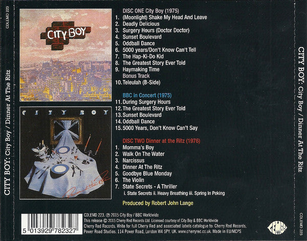 Image of Back Cover of 2xCD - VG+/VG+ - CITY BOY, City Boy / Dinner At The Ritz (Lemon Recordings; CDLEMD 223, Europe 2015 Reissue, Jewel Case), ,  - 3616400C