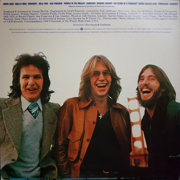 Image of Back Cover of LP - VG/VG - AMERICA, Hearts (Warner Bros. Records; BS4 2852, US 1975, No inner, Quadraphonic), ,  - 3626512E