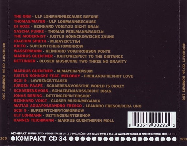 Image of Back Cover of 2xCD - VG+/VG+ - VARIOUS, Kompakt 100 (Kompakt; KOMPAKT CD 34, Germany 2004, Double CD Case), ,  - 3616465C