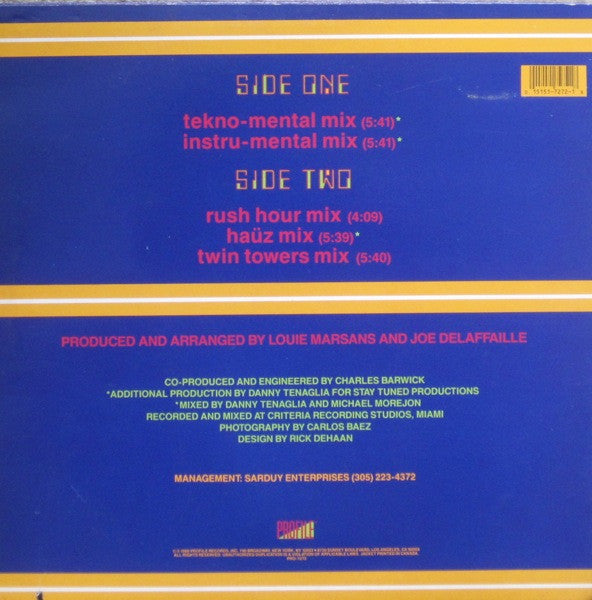 Image of Back Cover of 12" - G+/VG -  ROHA Z, Nothing Changes (Profile Records; PRO-7272, US 1989, Picture Sleeve), Light marks to disc. Sleeve has a tear across front lower half, Early Danny Tenaglia / Joe Delaffaille / Louie Marsans production. - 3626499E