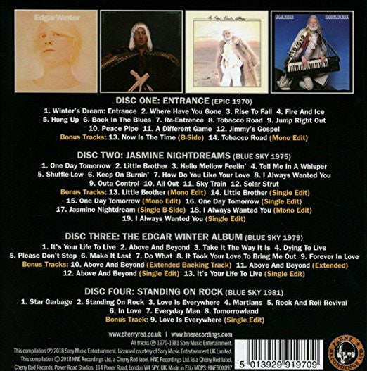 Image of Back Cover of 4xCD - VG+/VG+ - EDGAR WINTER, Tell Me In A Whisper (The Solo Albums 1970-1981) (HNE Recordings Ltd; HNEBOX097, Europe 2018 Reissue, Booklet), Small mark on disc 3 - The Edgar Winter Album,  - 3756001S