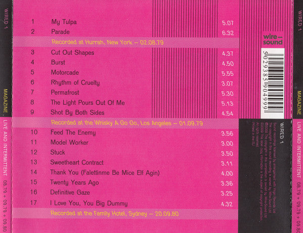 Image of Back Cover of CD - VG+/VG+ - MAGAZINE, Live And Intermittent (Restored And Remastered) (08.79 + 09.79 + 09.80) (Wire-Sound; WIRED 1, UK 2009, (Restored And Remastered) (08.79 + 09.79 + 09.80)), Opened Instore,  - 3756002S