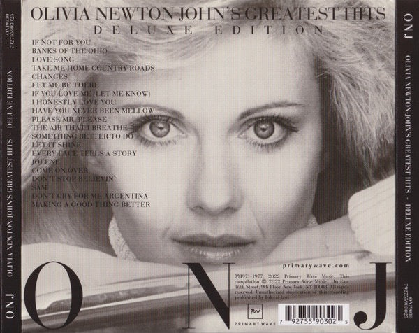 Image of Back Cover of CD - VG+/VG+ - OLIVIA NEWTON-JOHN, Olivia Newton-John's Greatest Hits (Deluxe Edition) (Primary Wave Music; ONJ9030, Worldwide 2022 Reissue, Digipak, Booklet), ,  - 3716002C