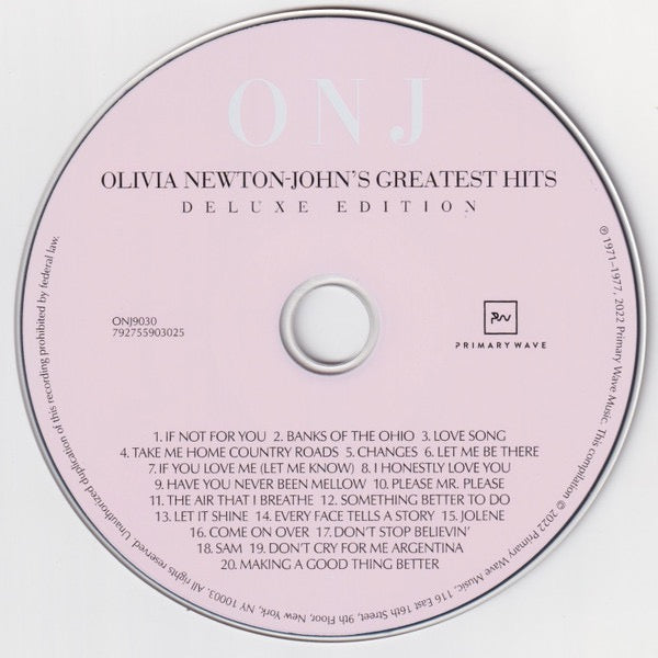 Image of Label Cover of CD - VG+/VG+ - OLIVIA NEWTON-JOHN, Olivia Newton-John's Greatest Hits (Deluxe Edition) (Primary Wave Music; ONJ9030, Worldwide 2022 Reissue, Digipak, Booklet), ,  - 3716002C