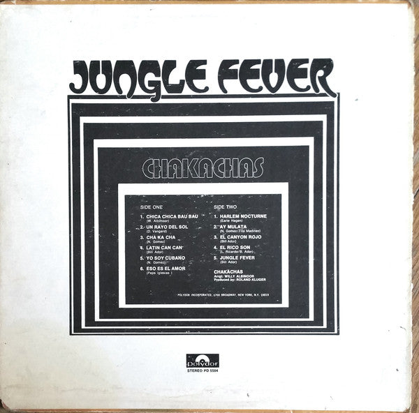 Image of Back Cover of LP - G+/VG - CHAKACHAS, Jungle Fever (Polydor; PD-5504, US 1972, Picture Sleeve), Corner cut top right, shelf and edge wear to sleeve.,  - 3726051E