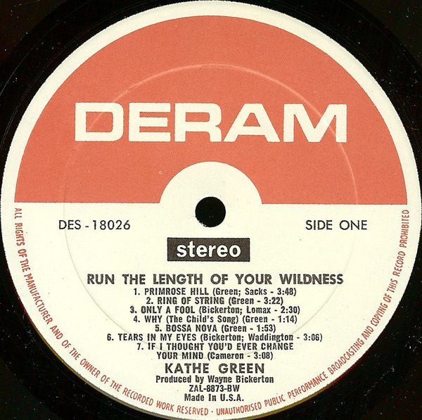Image of Label Cover of LP - VG+/VG - KATHE GREEN, Run The Length Of Your Wildness (Deram; DES 18026, US 1969), ,  - 3726024E