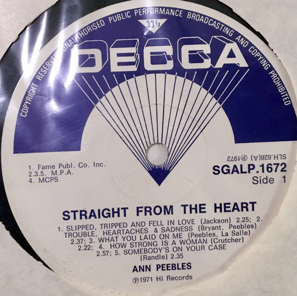 Image of Label Cover of LP - G+/VG - ANN PEEBLES, Straight From The Heart (Decca; SGALP.1672, South Africa 1972, Laminated Front Sleeve), A few light hairlines. Creases to laminate. Edgewear. Writing on sleeve rear. ,  - 3726026E