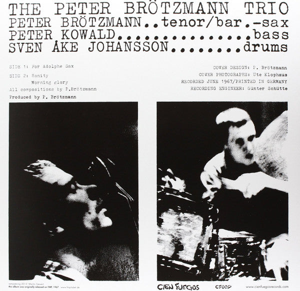 Image of Back Cover of LP - VG+/VG+ - THE PETER BR TZMANN TRIO, For Adolphe Sax (Cien Fuegos; CF009, Austria 2014 Reissue, Picture Sleeve, 180 Gram Remastered Vinyl), One or two light hairlines, otherwise excellent copy,  - 3726007E