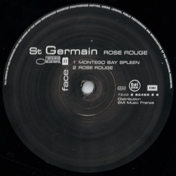 Image of Back Cover of 12" - /VG - ST GERMAIN, Rose Rouge (Blue Note; 7243 8 88453 6 6, France 2000, No Sleeve), PLAIN SLEEVE. Side A has a few marks, but plays well., A	Rose Rouge	7:02B1	Montego Bay Spleen	6:27B2	Rose Rouge	4:03 - 3726008E