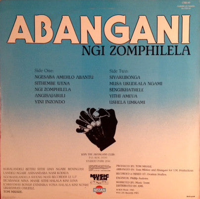 Image of Back Cover of LP - VG/VG+ - ABANGANI, Ngi Zomphilela (Music Team; CT(E) 65, South Africa 1984, Picture Sleeve, Label variant, blue info on white background. Additional Cat. No. TMA 1008), ,  - 3726055E