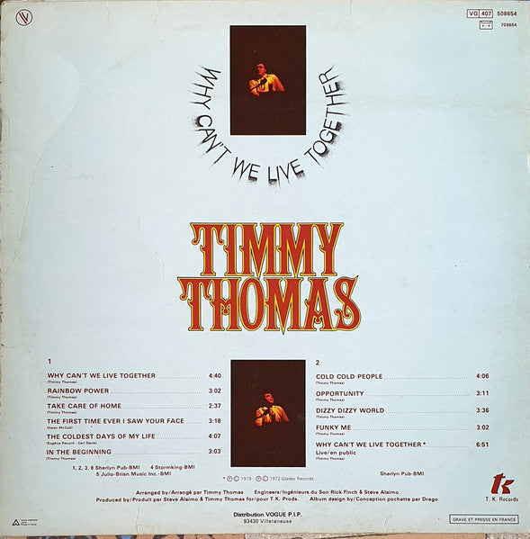 Image of Back Cover of LP - VG/VG - TIMMY THOMAS, Why Can't We Live Together (T.K. Records; 508654, France 1982 Reissue, Picture Sleeve), ,  - 3726057E