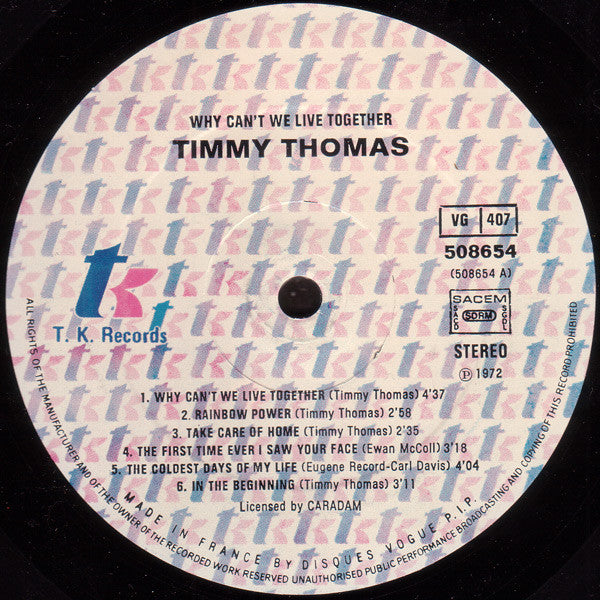 Image of Label Cover of LP - VG/VG - TIMMY THOMAS, Why Can't We Live Together (T.K. Records; 508654, France 1982 Reissue, Picture Sleeve), ,  - 3726057E